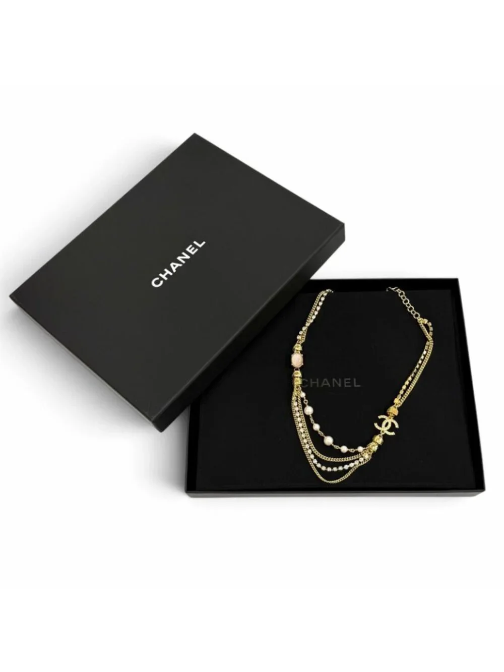 Chanel CC Logo Eco Pearl Stone Crush Chain Necklace Gold Pink White